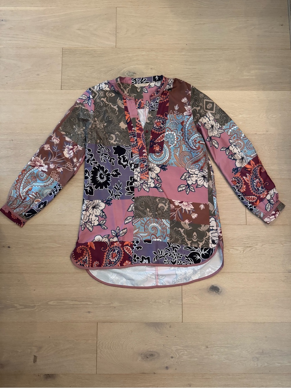 Soft Surroundings Patchwork Floral Paisley V-Neck Tunic - Pink, Brown, Blue
